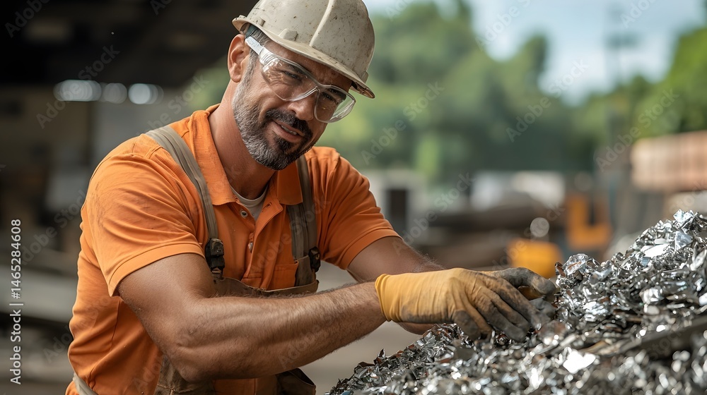 Poster a construction worker in safety gear using a handheld device to inspect and scan a batch of recycled
