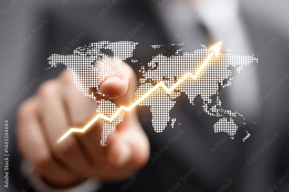 Poster businessman pointing at a world map with a rising graph overlay.