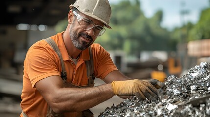 A construction worker in safety gear using a handheld device to inspect and scan a batch of recycled aluminum waste at an industrial facility