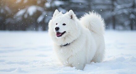 Fototapeta premium White Samoyed Dog Enjoying a Winter Wonderland: A Playful Outdoor Scene