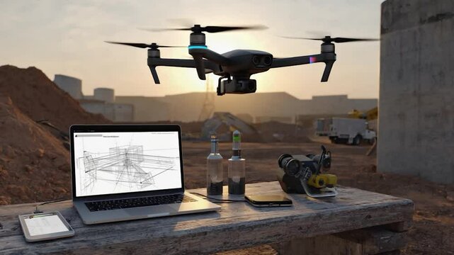 Drone surveying construction site; laptop shows project;  prep work; construction; possible use in civil engineering