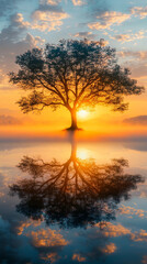 Fototapeta premium A solitary tree reflected in a misty lake at sunrise, with warm light and soft fog. Symbolizes peace, solitude, and renewal in a serene landscape with elegant side caption space for visual balance.