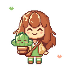 Pixel girl holding potted cactus