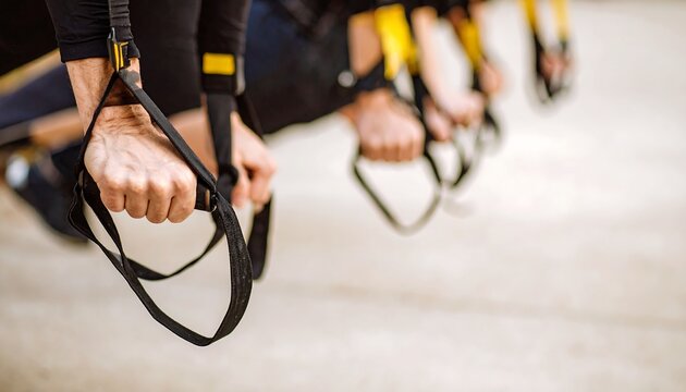 Fitness Class Using Suspension Trainers Outdoor Workout Group Exercise