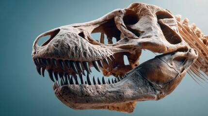 Fototapeta premium Close-up view of a dinosaur skull showcasing prominent teeth and detailed bone texture. The lighting accentuates the fossil's features, providing insight into prehistoric life