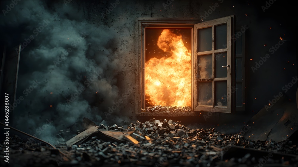 Poster intense flames engulf the dilapidated frame of an abandoned structure billowing thick smoke through 