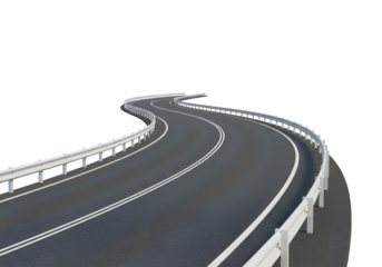 A curved road with white and white markings bordered by reflective barriers, offering a sense of direction and perspective. isolated on white or transparent background. PNG