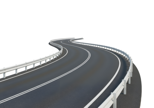 A curved road with white and white markings bordered by reflective barriers, offering a sense of direction and perspective. isolated on white or transparent background. PNG