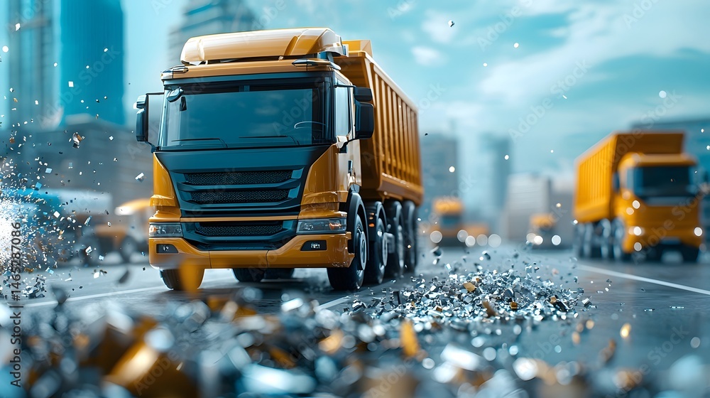 Poster a conceptual image depicting futuristic autonomous recycling trucks efficiently transporting and pro
