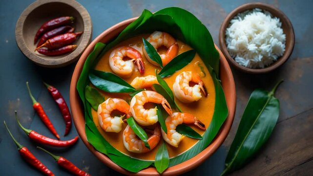 Shrimp in coconut milk with mango prawn curry. Accompanying spicy fish curry.