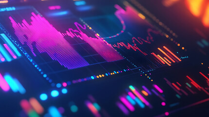 Vibrant digital display presenting complex data with colorful graphs and grid lines, showcasing information.