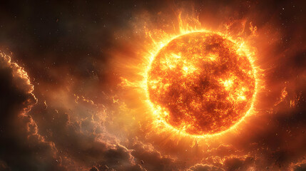 Fototapeta premium Fiery Orange Sun in Cosmic Nebula