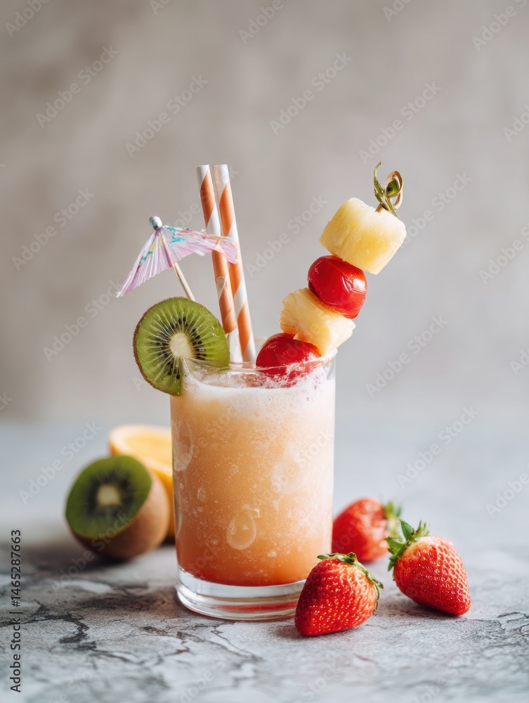 Poster Refreshing Tropical Drink With Paper Straw and Colorful Fruit Skewers on a Marble Surface Generative AI