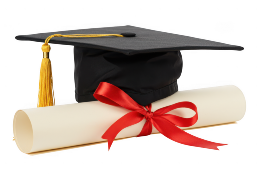 Graduation cap and diploma isolated on transparent background