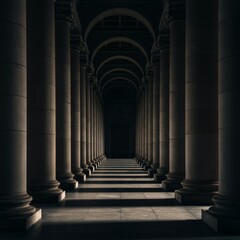 A captivating view of a long hallway flanked by columns and arches, leading to a mysterious space.