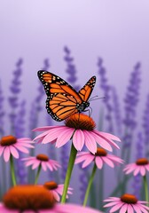 Fototapeta premium Monarch Butterfly on Pink Coneflower with Lavender