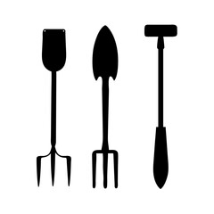 Illustration of gardening tools garden fork hand trowel and transplanter garden equipment vector art