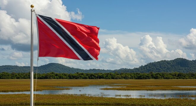 Waving Trinidadian and Tobagonian Flag Over the Diverse Natural Beauty of Caroni Swamp Wetlands