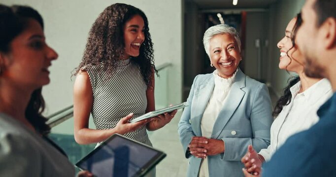 Business people, meeting and discussion with tablet for collaboration, project planning or proposal. Group, employees or team with technology for work delegation, tasks or schedule at workplace