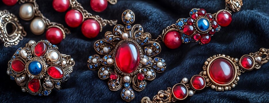 Red gemstone jewelry on dark fabric