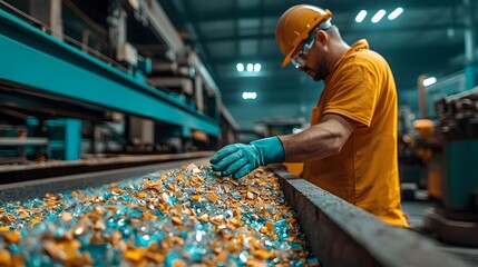 A worker in a recycling plant sorting and processing piles of vibrant broken glass shards on a conveyor belt surrounded by industrial and equipment