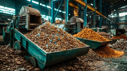 A recycling plant filled with and piles of colorful glass shards being sorted and processed for reuse and recycling