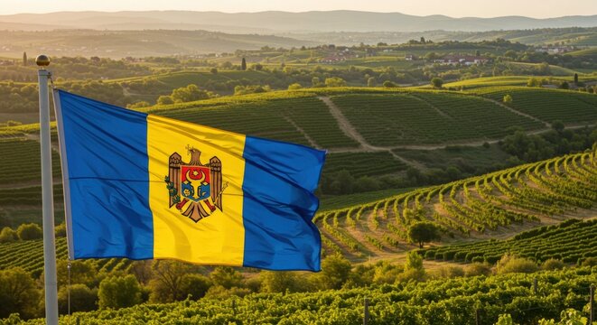 Waving Moldovan Flag Symbolizing Rich Land Over Rolling Hills Covered in Productive Vineyards