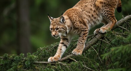 Fototapeta premium Eurasian Lynx Perched on a Pine Branch Against a Lush Green Forest Backdrop