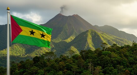 Waving São Toméan Flag Symbolizing Equator Islands Over Lush Volcanic Rainforest Peaks