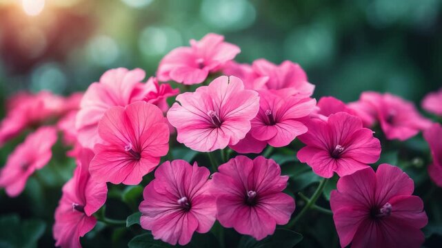 Pink geranium flowers. Sunlit. Charming tiny bloom. Floral arrangement. Close-up view.