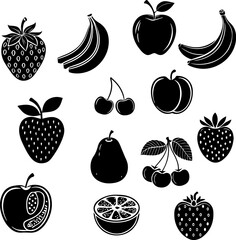 Silhouettes of Fruit Vector Icon Set on White Background – Minimalist Fruit Graphics