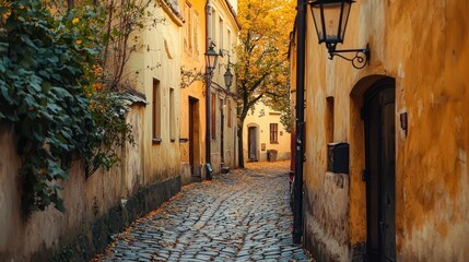 Naklejka premium A small alleyway in an old European town with cobblestones and lanterns