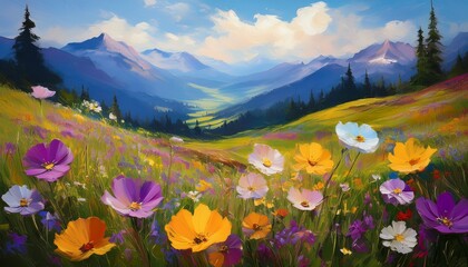 art oil painting with meadow mountain flowers in spring