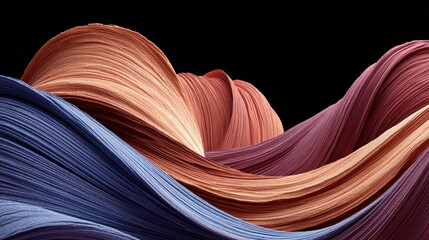 Abstract waves flow in blended ink textures with muted blue, clay pink, creating a soft, organic movement against a dark, stark backdrop