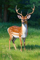 Fototapeta premium painting of a deer standing in a field of grass with trees in the background