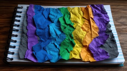 Torn colorful crepe paper arranged in rainbow pattern on spiral notebook with wooden background