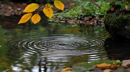 Autumn leaves fall on tranquil pond