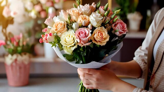 Elegant handheld bouquet of roses showcased gracefully in blooming flower shop setting. Flower shop. For birthday, wedding, Mothers Day, Valentine Day
