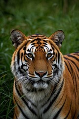 there is a tiger that is standing in the grass looking at the camera