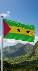 Waving São Toméan Flag Symbolizing Equator Islands Over Lush Volcanic Rainforest Peaks
