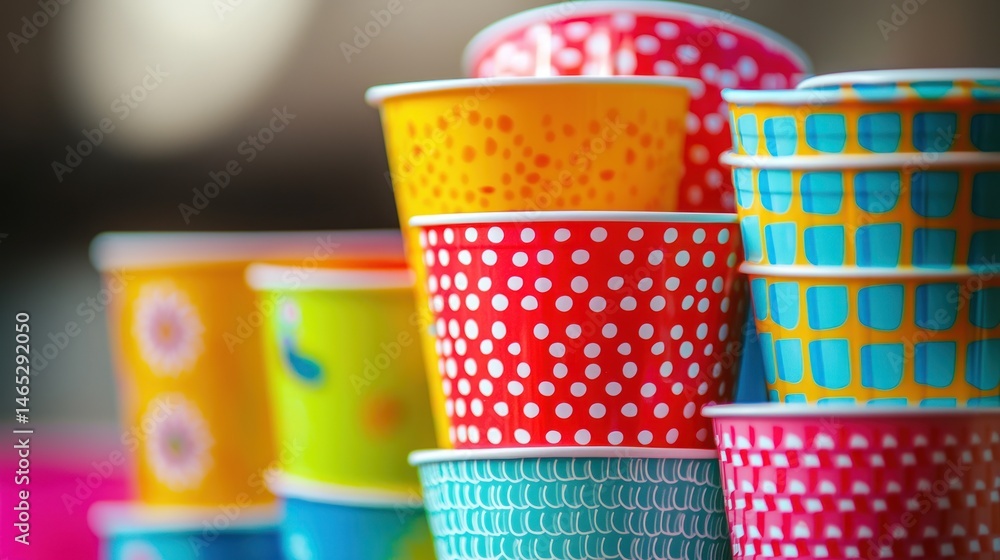 Aufkleber a stack of colorful plastic cups with different patterns, ready for a party.