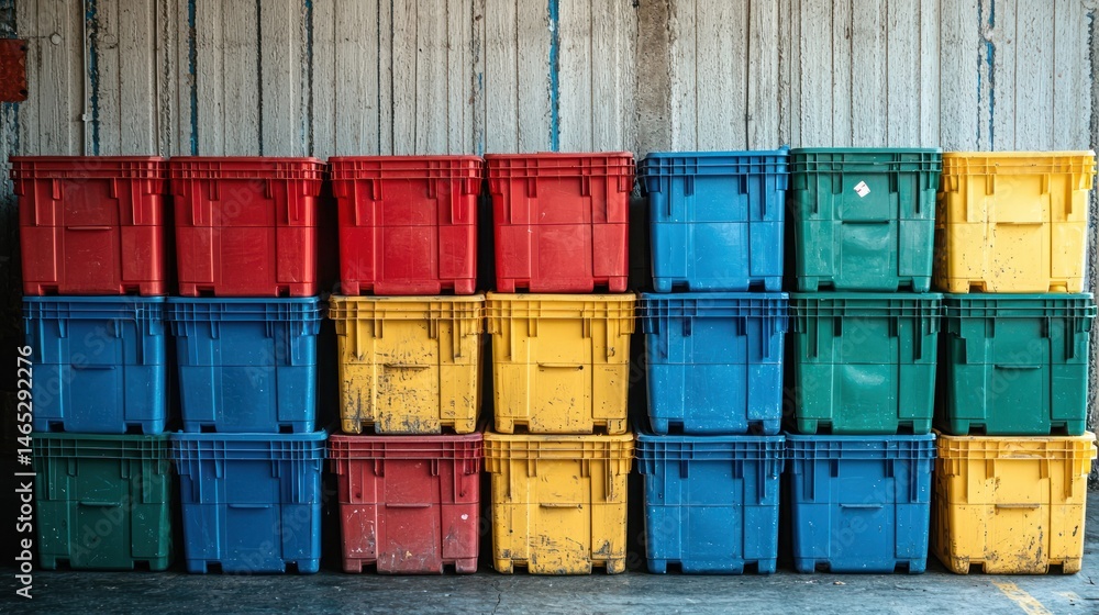 Poster a stack of colorful plastic storage crates in a garage or storage space.
