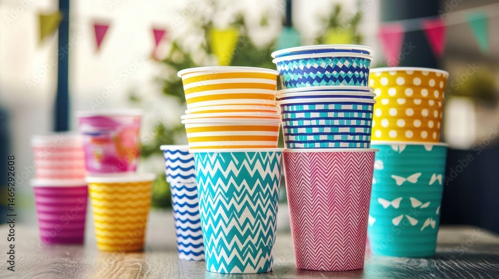 Poster a stack of plastic cups with fun, bright patterns, ready for a party setup.