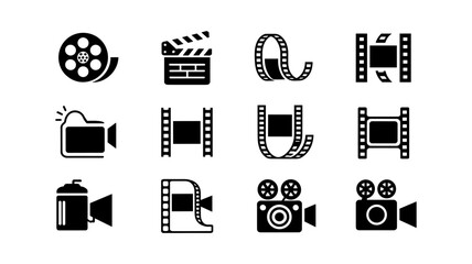Symbolic Cinema: A collection of iconic film-related graphics are arranged on a dark canvas, showcasing symbols that represent the art and production of cinema.