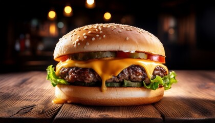 delicious cheeseburger on wood table melted cheese bun food restaurant