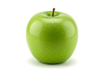 A single green apple with a short brown stem centered on a white background in a studio setting