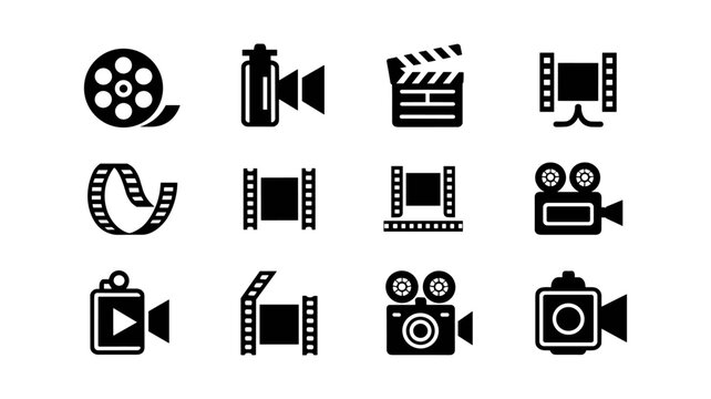 Movie Icons Collection: An array of diverse movie icons, illustrating essential film-making tools. This collection highlights a film reel, clapper board, movie camera, and related symbols.