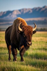 there is a large bison standing in a grassy field with mountains in the background
