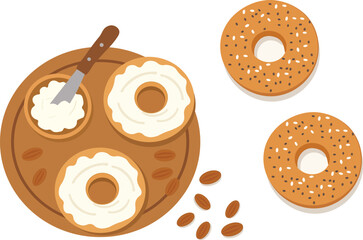 Fresh baked bagels with cream on board, top view. Healthy breakfast background an illustration.