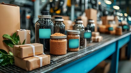 An image of various recycled glass jars and containers on a production line with a digital tracking system monitoring the inventory